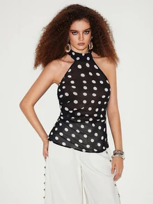 Ciel Poise Women's Polka Dot Solid Color Backless Draped Elegant Sexy Slim Fit Blouse Summer Night Out Brunch Date Night Black And White Polka Dot - Black - View 5