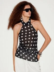 Ciel Poise Women's Polka Dot Solid Color Backless Draped Elegant Sexy Slim Fit Blouse Summer Night Out Brunch Date Night Black And White Polka Dot - Black - View 3