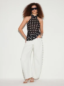 Ciel Poise Women's Polka Dot Solid Color Backless Draped Elegant Sexy Slim Fit Blouse Summer Night Out Brunch Date Night Black And White Polka Dot - Black - View 2