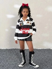Coolane Kids 少女春夏/冬冬街头风 Y2K 条纹图案运动宽松长袖 Polo 衫，秋季上衣，亲子装，休闲，印花，圣诞节，派对，少女超大码 T 恤 - 黑與白 - 查看 2