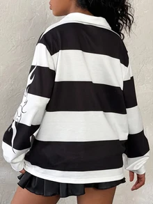 Coolane Kids 少女春夏/冬冬街头风 Y2K 条纹图案运动宽松长袖 Polo 衫，秋季上衣，亲子装，休闲，印花，圣诞节，派对，少女超大码 T 恤 - 黑與白 - 查看 4