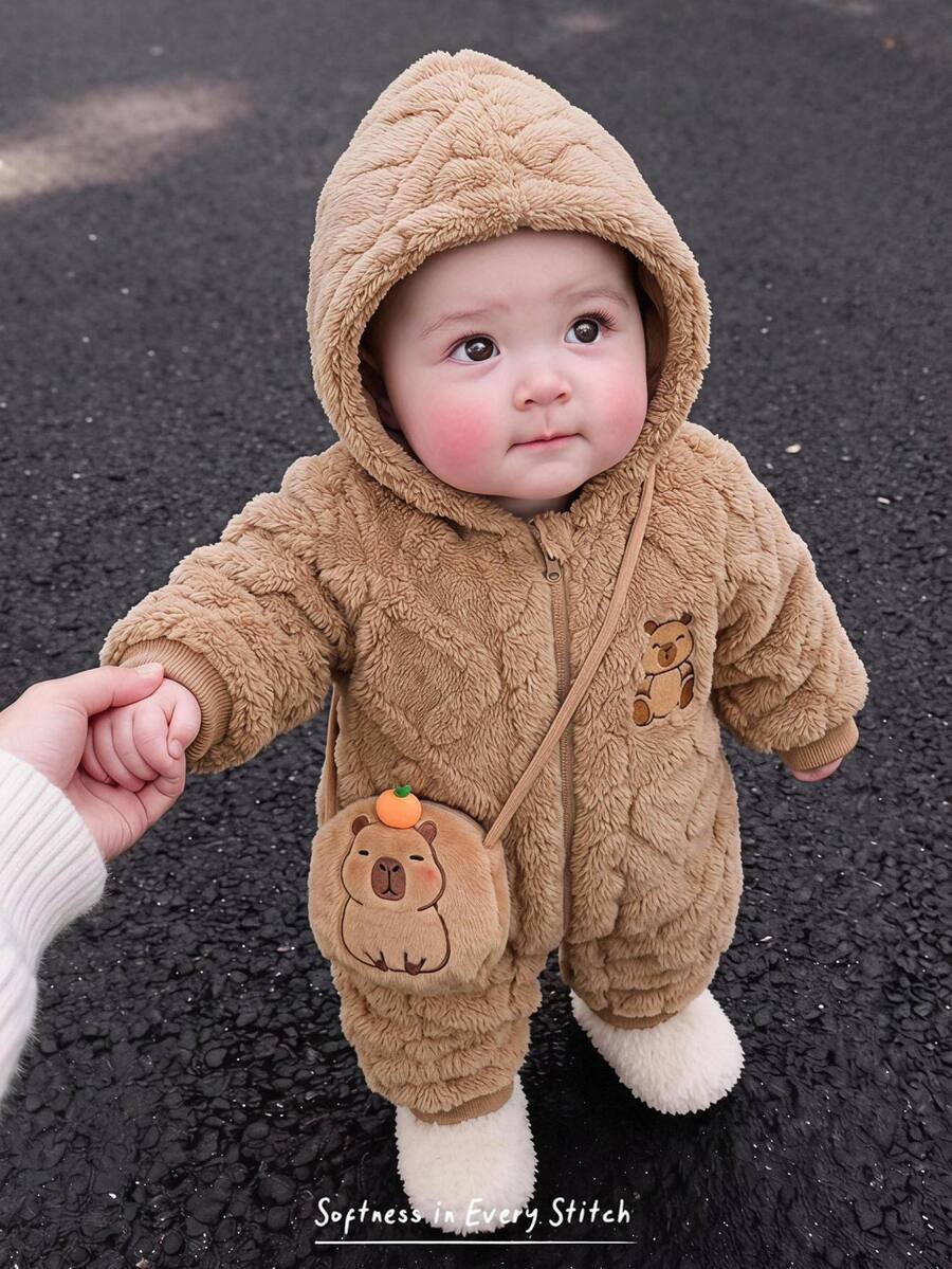 SHEIN Baby Boy Cartoon Bear Embroidered Textured Plush Hooded Zip-Up Long Sleeve Romper Winter Pants, Versatile And Comfortable - Brown - View 1