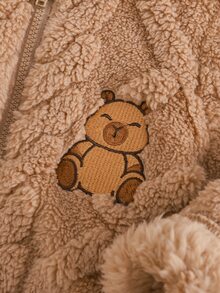 SHEIN Baby Boy Cartoon Bear Embroidered Textured Plush Hooded Zip-Up Long Sleeve Romper Winter Pants, Versatile And Comfortable - Brown - View 3