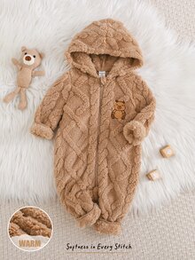 SHEIN Baby Boy Cartoon Bear Embroidered Textured Plush Hooded Zip-Up Long Sleeve Romper Winter Pants, Versatile And Comfortable - Brown - View 8