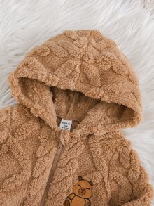 SHEIN Baby Boy Cartoon Bear Embroidered Textured Plush Hooded Zip-Up Long Sleeve Romper Winter Pants, Versatile And Comfortable - Brown - View 4