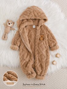 SHEIN Baby Boy Cartoon Bear Embroidered Textured Plush Hooded Zip-Up Long Sleeve Romper Winter Pants, Versatile And Comfortable - Brown - View 7