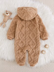 SHEIN Baby Boy Cartoon Bear Embroidered Textured Plush Hooded Zip-Up Long Sleeve Romper Winter Pants, Versatile And Comfortable - Brown - View 2