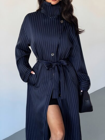 Firerie Marineblauw gestreepte trenchcoat jas, herfst/winter, professionele revers zak riem lange jas