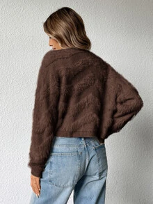 Ciel Poise French Luxury Slouchy Fluffy V-Neck Cardigan Sweater Oversized Casual Everyday Dark Brown Autumn - Coffee Brown - View 3