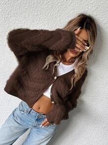 Ciel Poise French Luxury Slouchy Fluffy V-Neck Cardigan Sweater Oversized Casual Everyday Dark Brown Autumn - Coffee Brown - View 7