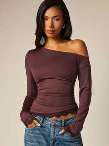 COSMINA Asymmetrical Shoulder Design Long Sleeve, Contrast Lace Cuff And Hemline, Fall/ Women's Top Brunch Night Out Burgundy Sexy - Brown - View 1