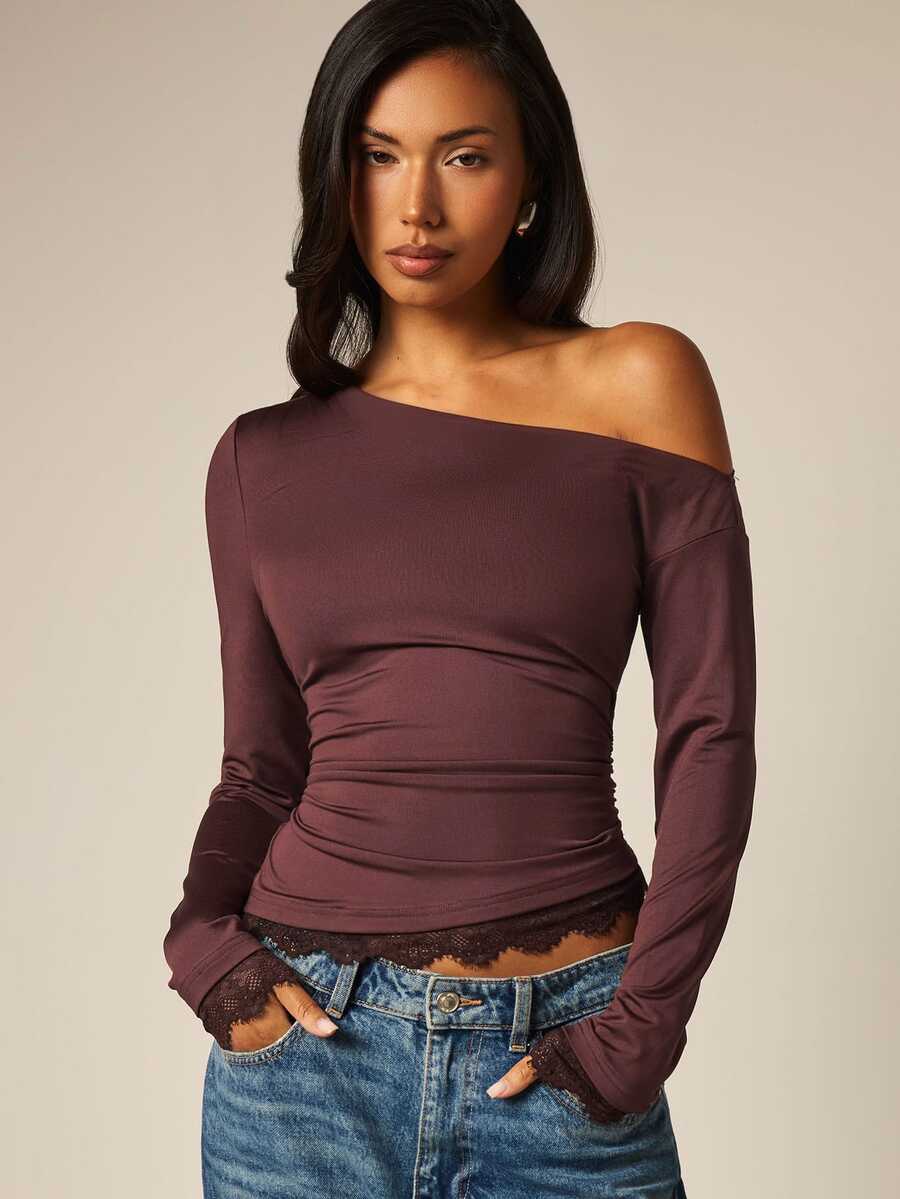 COSMINA Asymmetrical Shoulder Design Long Sleeve, Contrast Lace Cuff And Hemline, Fall/ Women's Top Brunch Night Out Burgundy Sexy - Brown - View 1