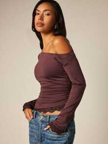 COSMINA Asymmetrical Shoulder Design Long Sleeve, Contrast Lace Cuff And Hemline, Fall/ Women's Top Brunch Night Out Burgundy Sexy - Brown - View 2