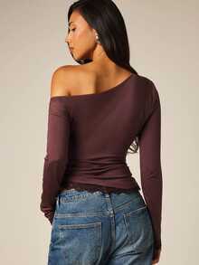 COSMINA Asymmetrical Shoulder Design Long Sleeve, Contrast Lace Cuff And Hemline, Fall/ Women's Top Brunch Night Out Burgundy Sexy - Brown - View 5