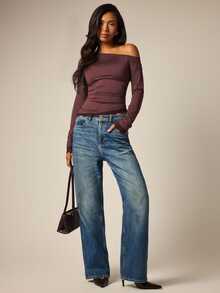COSMINA Asymmetrical Shoulder Design Long Sleeve, Contrast Lace Cuff And Hemline, Fall/ Women's Top Brunch Night Out Burgundy Sexy - Brown - View 4
