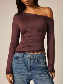 COSMINA Asymmetrical Shoulder Design Long Sleeve, Contrast Lace Cuff And Hemline, Fall/ Women's Top Brunch Night Out Burgundy Sexy - Brown - View 3