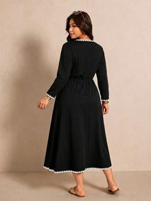 Melodosi Plus Size Shell Sleeve Color Block Tie Dress Fashion Fall - Multicolor - View 2