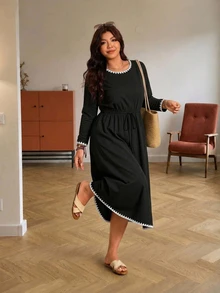 Melodosi Plus Size Shell Sleeve Color Block Tie Dress Fashion Fall - Multicolor - View 6