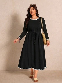 Melodosi Plus Size Shell Sleeve Color Block Tie Dress Fashion Fall - Multicolor - View 5