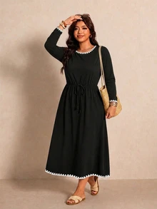 Melodosi Plus Size Shell Sleeve Color Block Tie Dress Fashion Fall - Multicolor - View 3