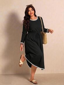 Melodosi Plus Size Shell Sleeve Color Block Tie Dress Fashion Fall - Multicolor - View 1