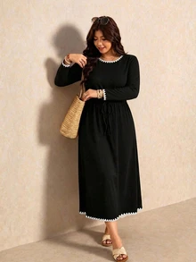 Melodosi Plus Size Shell Sleeve Color Block Tie Dress Fashion Fall - Multicolor - View 4