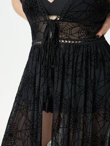 ROMWE Vacation Beach Dark Gothic Sheer Spider Web Open Front Plus Size Shirt - Black - View 7