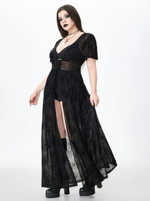 ROMWE Vacation Beach Dark Gothic Sheer Spider Web Open Front Plus Size Shirt - Black - View 4