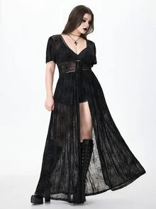 ROMWE Vacation Beach Dark Gothic Sheer Spider Web Open Front Plus Size Shirt - Black - View 1