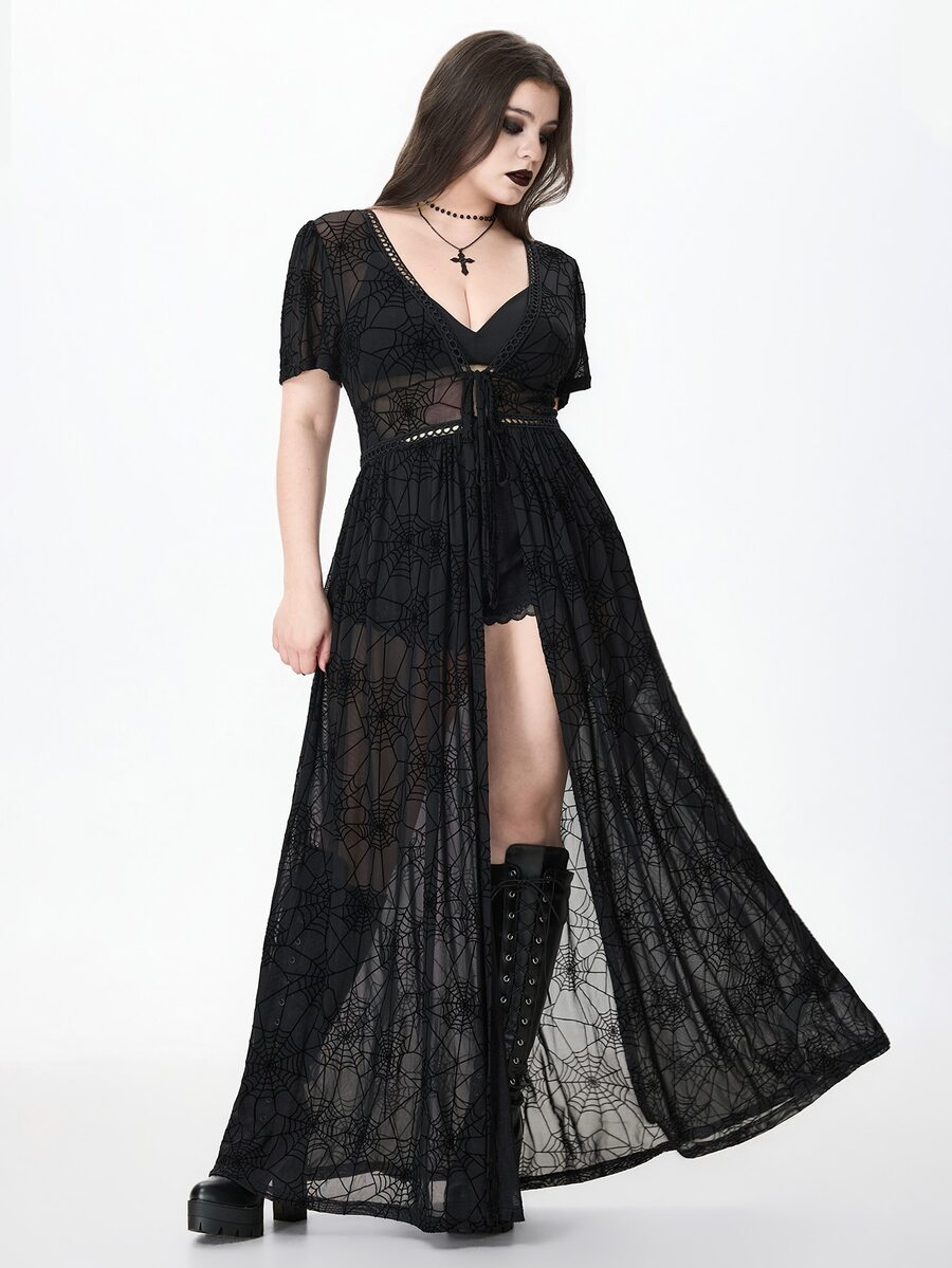 ROMWE Vacation Beach Dark Gothic Sheer Spider Web Open Front Plus Size Shirt - Black - View 1
