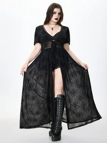 ROMWE Vacation Beach Dark Gothic Sheer Spider Web Open Front Plus Size Shirt - Black - View 3