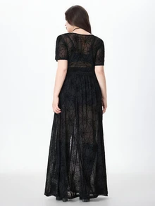 ROMWE Vacation Beach Dark Gothic Sheer Spider Web Open Front Plus Size Shirt - Black - View 2