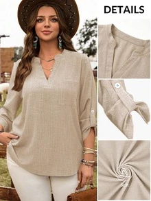 Rusticease Plus Size Vacation Casual Soft Form Solid Color Lapel Roll-Up Sleeve Shirt Autumn Vacation Airport Beige - Apricot - View 6