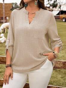 Rusticease Plus Size Vacation Casual Soft Form Solid Color Lapel Roll-Up Sleeve Shirt Autumn Vacation Airport Beige - Apricot - View 5