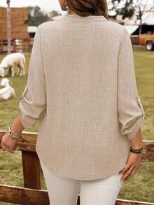 Rusticease Plus Size Vacation Casual Soft Form Solid Color Lapel Roll-Up Sleeve Shirt Autumn Vacation Airport Beige - Apricot - View 3