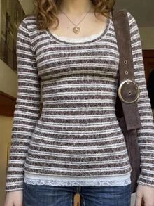 CovetEZ 女款條紋圓領長袖短版休閒T恤 - 棕色 - 查看 3