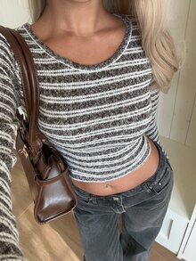 CovetEZ 女款條紋圓領長袖短版休閒T恤 - 棕色 - 查看 5