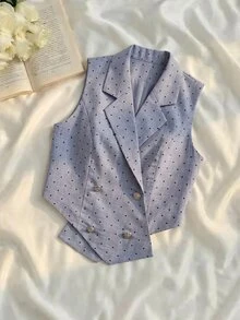 SHEIN MOD 女款翻領雙排扣背心西裝外套，適合演唱會、辦公室、早午餐、約會之夜，夏季教師節紫色波點復古優雅上衣 - 灰色 - 查看 7
