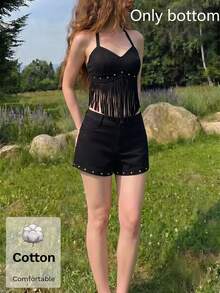 SHEIN MOD شورت نسائي مزين بالمسامير بأسلوب بانك كاجوال متعدد الاستخدامات للارتداء اليومي والخروج ليلاً باللونين الأسود والذهبي للصيف والهالوين والعودة إلى المدرسة - الأسود - مشاهدة 5