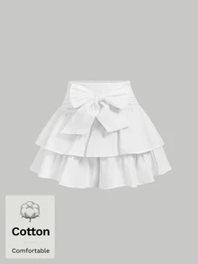 SHEIN MOD 女款白色蝴蝶結裝飾多層蛋糕裙擺夏季裙 - 白色 - 查看 6