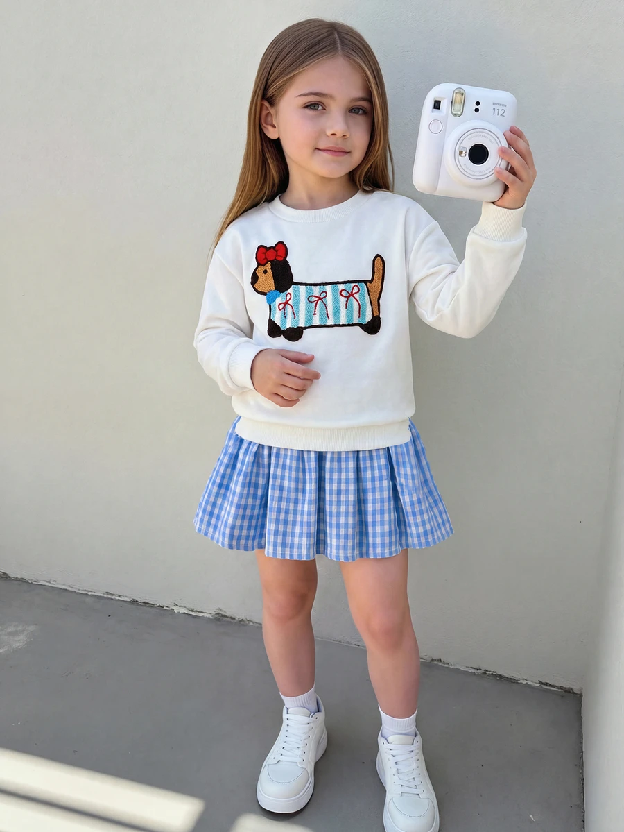 Young Girl Cartoon Pattern Plaid Patchwork Casual Daily Summer Dress - White - View 1