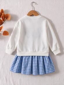 Young Girl Cartoon Pattern Plaid Patchwork Casual Daily Summer Dress - White - View 2