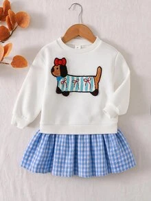 Young Girl Cartoon Pattern Plaid Patchwork Casual Daily Summer Dress - White - View 8