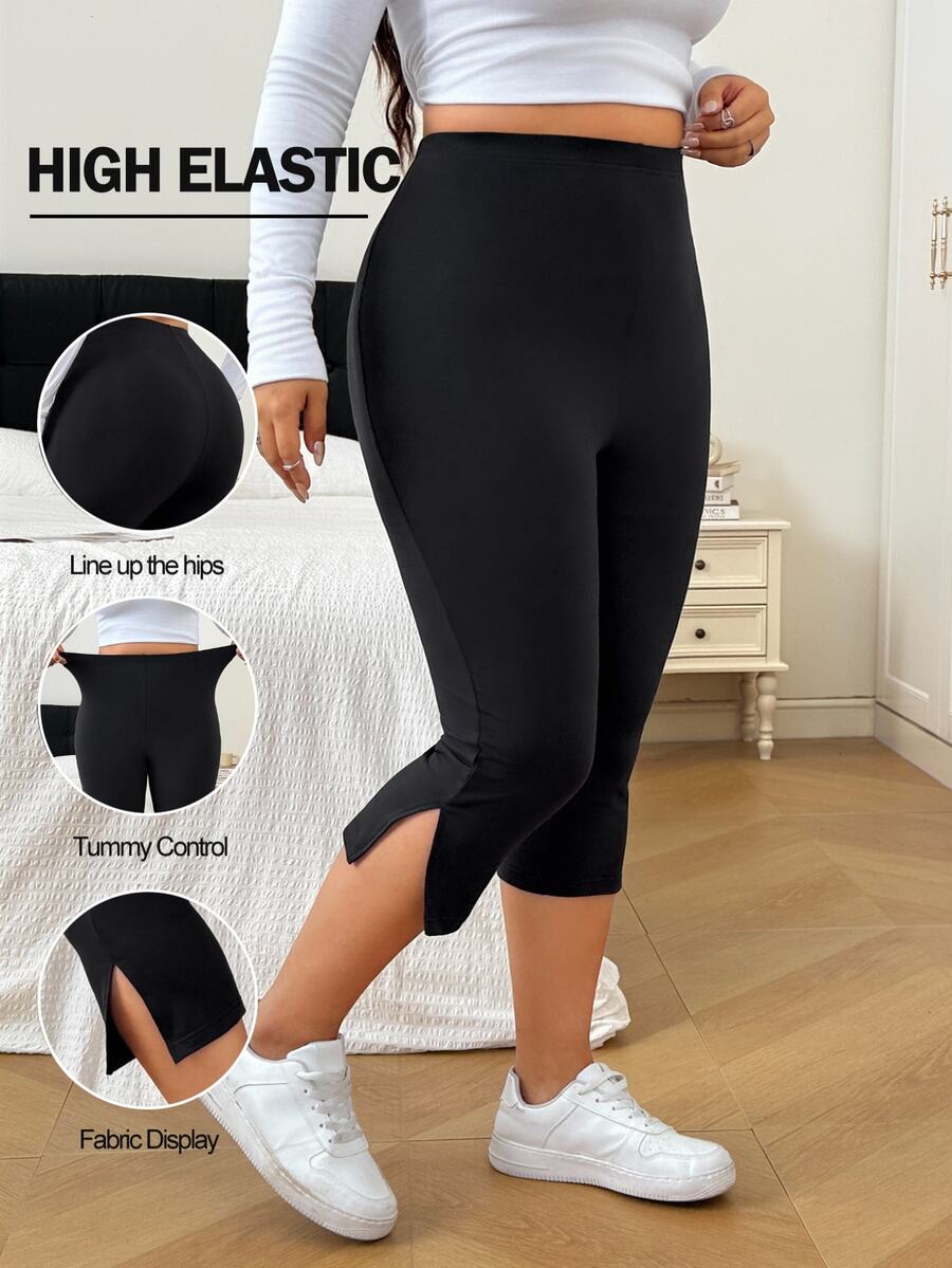 SHEIN EZwear Plus Solid Split Hem Leggings - Black - View 1