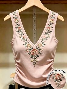 SHEIN Franclia 女款V領花卉刺繡圖案休閒日常上衣 - 粉色 - 查看 5