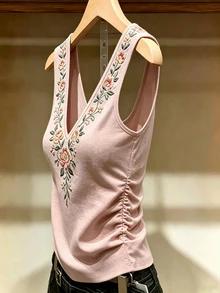 SHEIN Franclia 女款V領花卉刺繡圖案休閒日常上衣 - 粉色 - 查看 6
