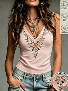 SHEIN Franclia 女款V領花卉刺繡圖案休閒日常上衣 - 粉色 - 查看 4
