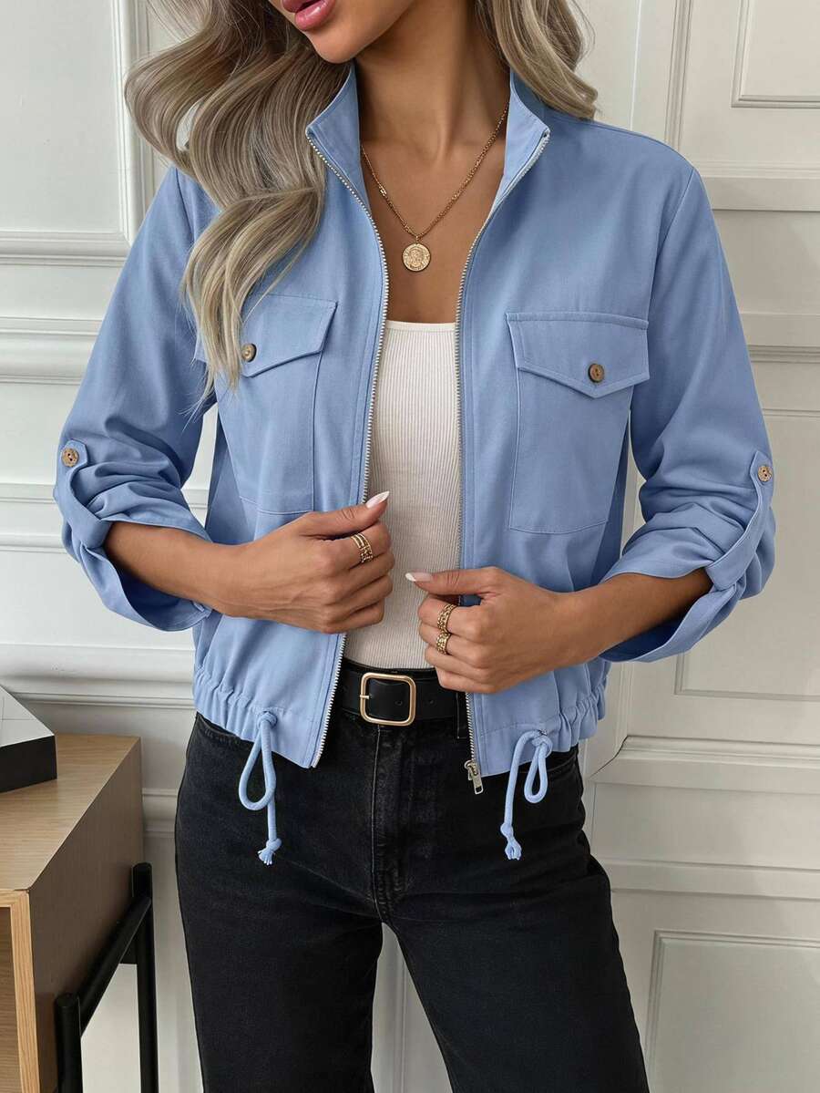Easowa Women's Solid Color Zipper Casual Versatile Daily Travel Jacket - Dusty Blue - View 1