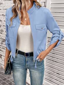 Easowa Women's Solid Color Zipper Casual Versatile Daily Travel Jacket - Dusty Blue - View 6
