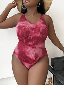 Slaydiva Plus Size Tie Dye Printed Scoop Neck Ribbed One-Piece Swimsuit,Summer,Bathing Suits,One Piece Bathing Suit - Burgundy - View 3
